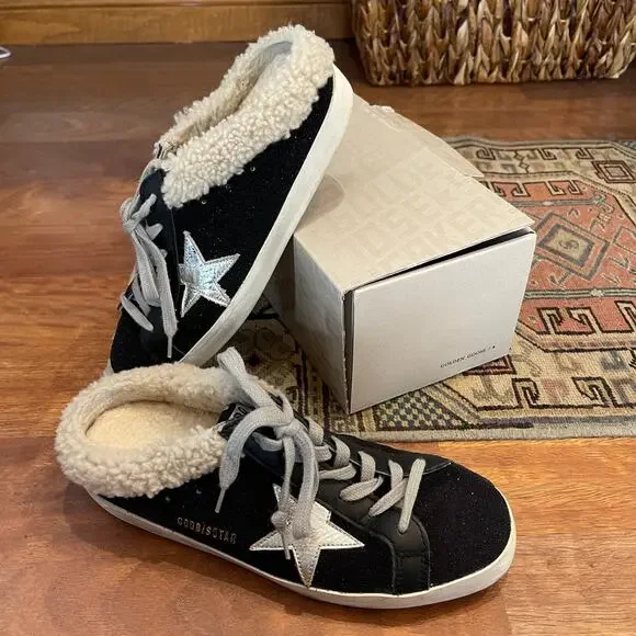 Golden Goose Sabot Shearling Lined Leather Slip On Sneakers Black White Size 10 - Picture 8 of 16